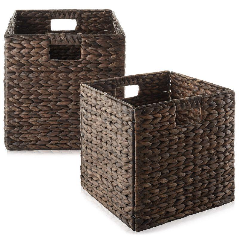 Casafield 12" x 12" Water Hyacinth Storage Baskets - Set of 2 Collapsible Cubes, Woven Bin Organizers for Bathroom, Bedroom, Laundry, Pantry, Shelves