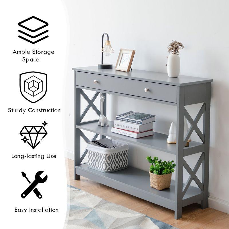Costway 3-Tier Console Table X-Design Sofa Entryway Table with Drawer & Shelves Gray