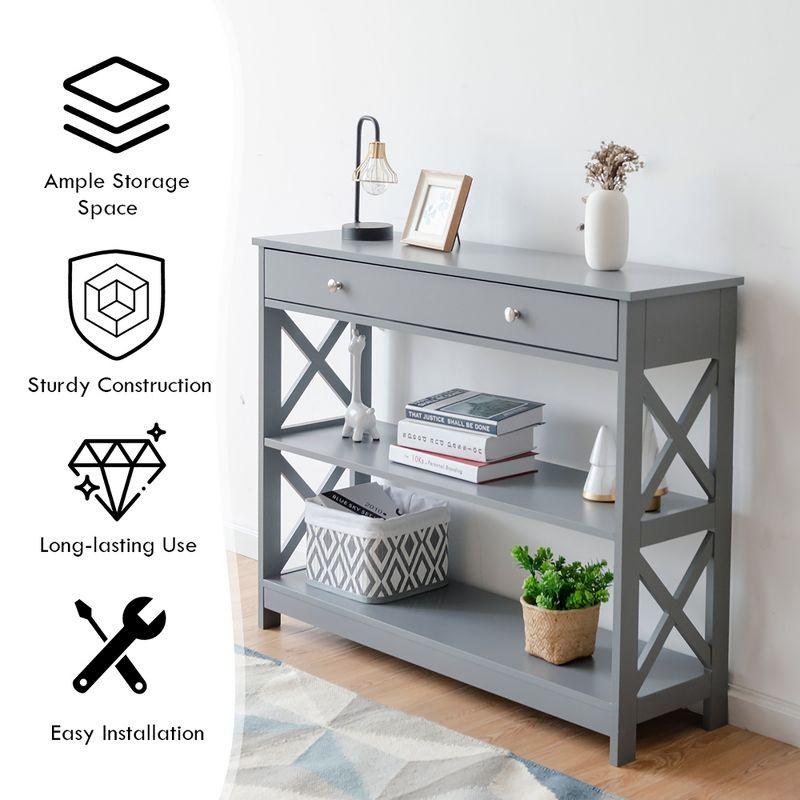 Costway 3-Tier Console Table X-Design Sofa Entryway Table with Drawer & Shelves Gray\ Espresso