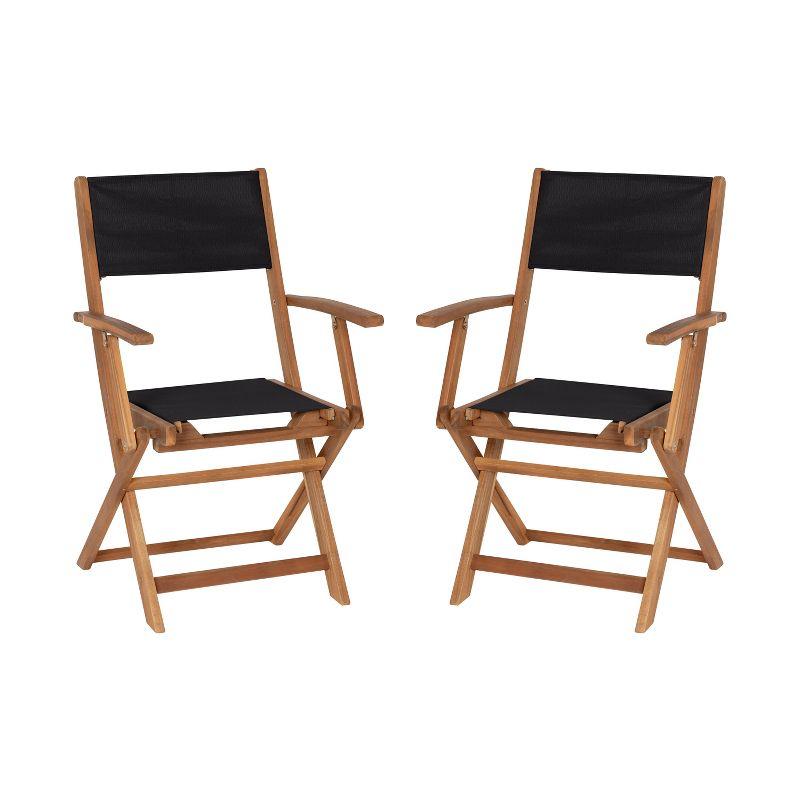 Flash Furniture 2PK All-Weather Acacia Wood and Mesh Folding Bistro Armchairs - Natural/Black