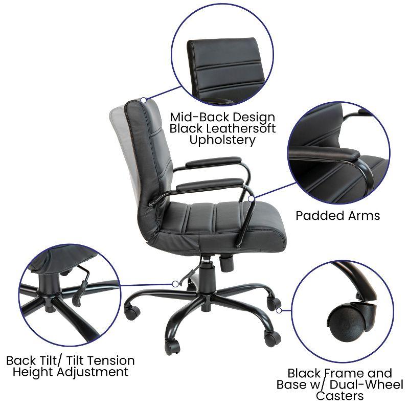 Modern Mid-Back Black LeatherSoft Swivel Executive Chair with Metal Arms