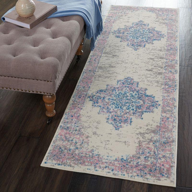 Elegant Ivory & Pink Medallion Hand-Knotted Runner Rug