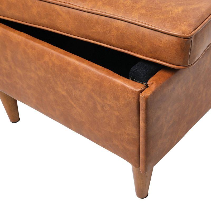 Storied Home Atley Storage Ottoman Brown: Vegan Leather, Mid-Century Design, Plywood Frame, 18" Height