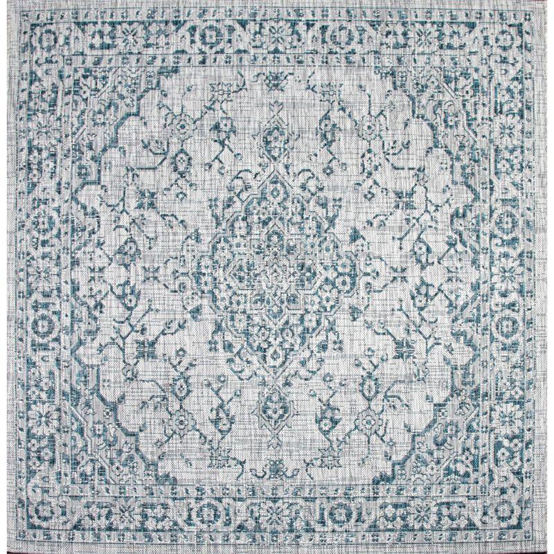 5' Square Rozetta Boho Medallion Textured Weave Indoor/Outdoor Area Rug, Gray/Teal - JONATHAN Y
