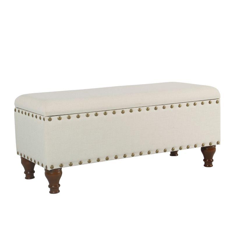 Walnut Finish Cream Linen-Like Large Storage Bench with Nailhead Trim