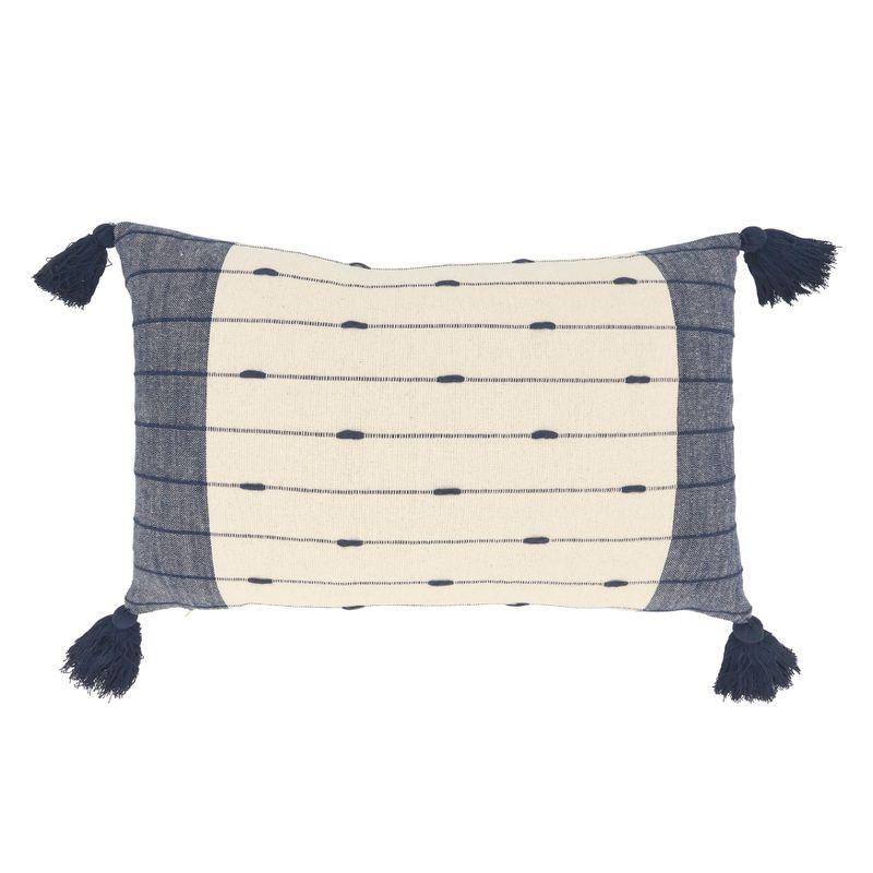 Navy and Cream Cotton Striped Throw Pillow with Tassels