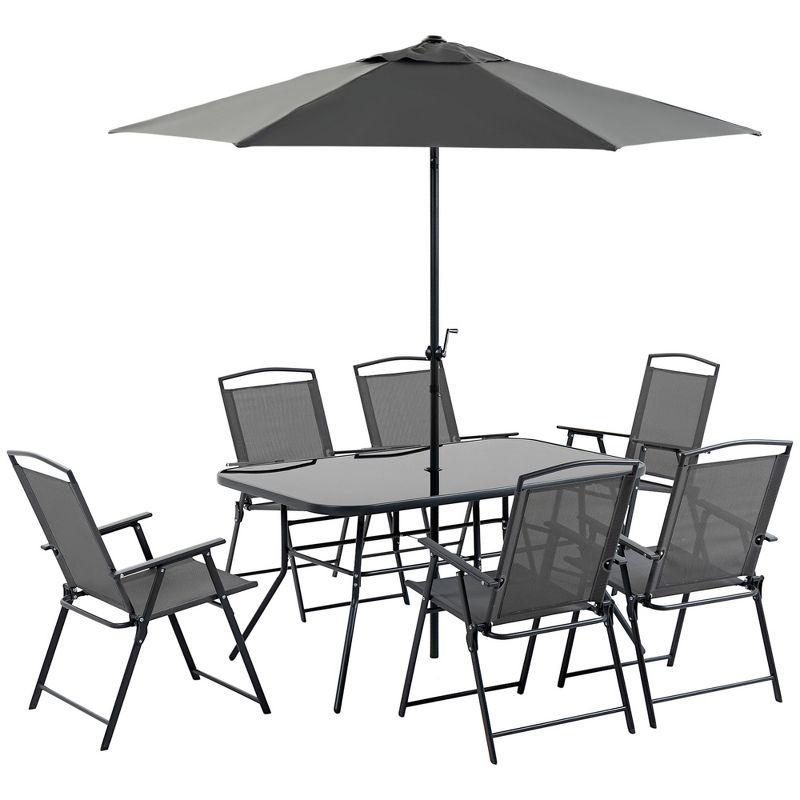 Outsunny 8 Piece Patio Dining Set with Table Umbrella, 6 Folding Chairs and Rectangle Dining Table, Outdoor Patio Furniture Set