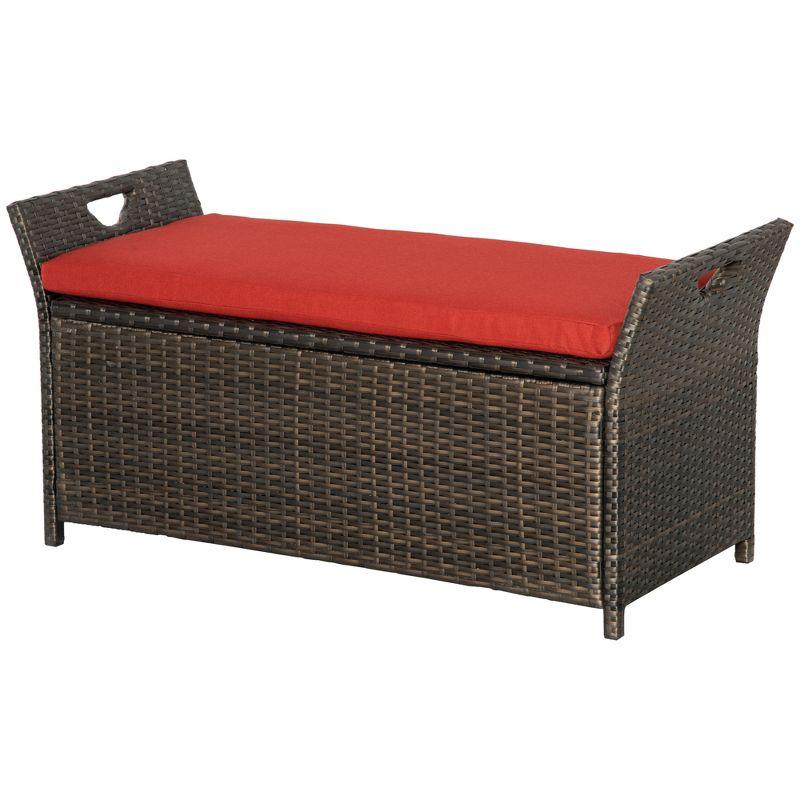 Outsunny 27 Gallon Patio Wicker Storage Bench, Outdoor PE Rattan Patio Furniture, 2-In-1 Footstool Rectangle Basket Box w/ Handles & Cushion, Red
