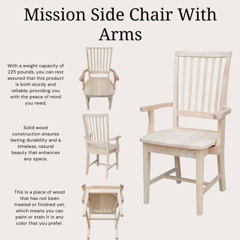 Mission Side Chair with Arms Unfinished - International Concepts: Solid Wood, Slat Back, Kitchen Furniture