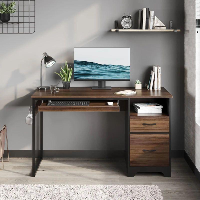 Bestier 48” Office Desk with Drawers, Computer Writing Desk with Keyboard Tray & 2 Hooks for Home Office, Gray