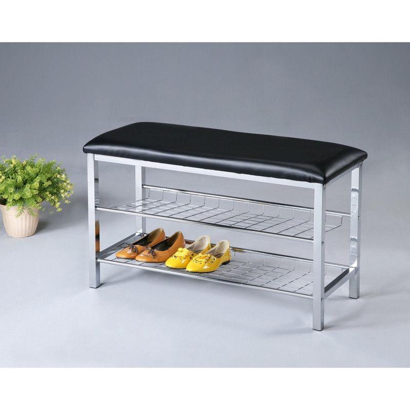 Black Faux Leather and Chrome Metal Shoe Storage Bench