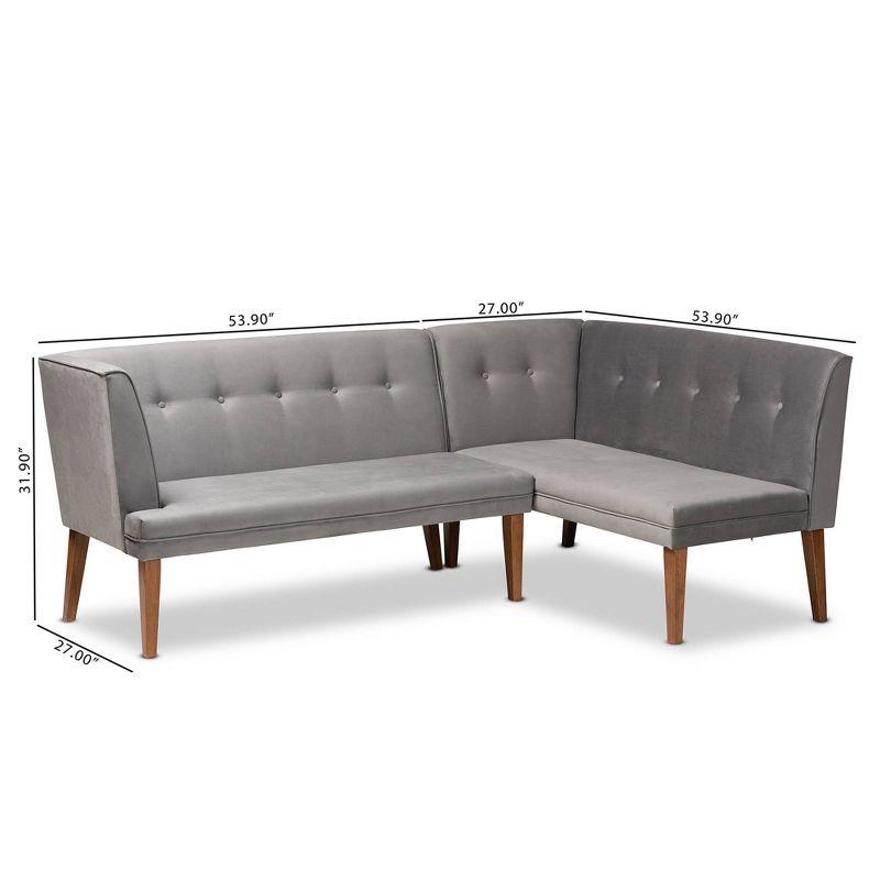 2pc Stewart Upholstered and Wood Dining Nook Banquette Set Gray/Walnut - Baxton Studio: Velvet Corner Benches