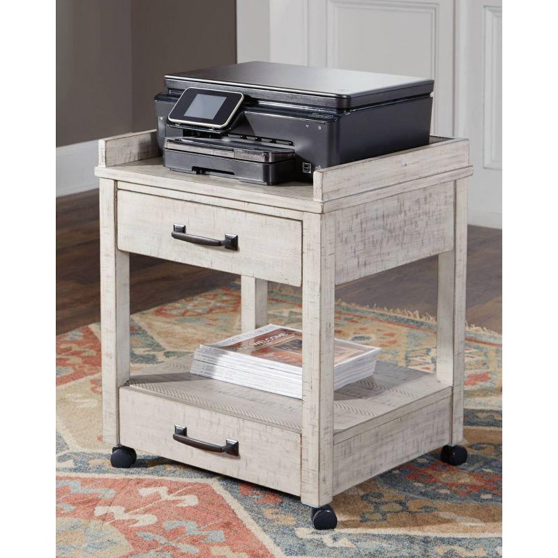 Whitewash Pine Wood Printer Stand with Casters and Drawers