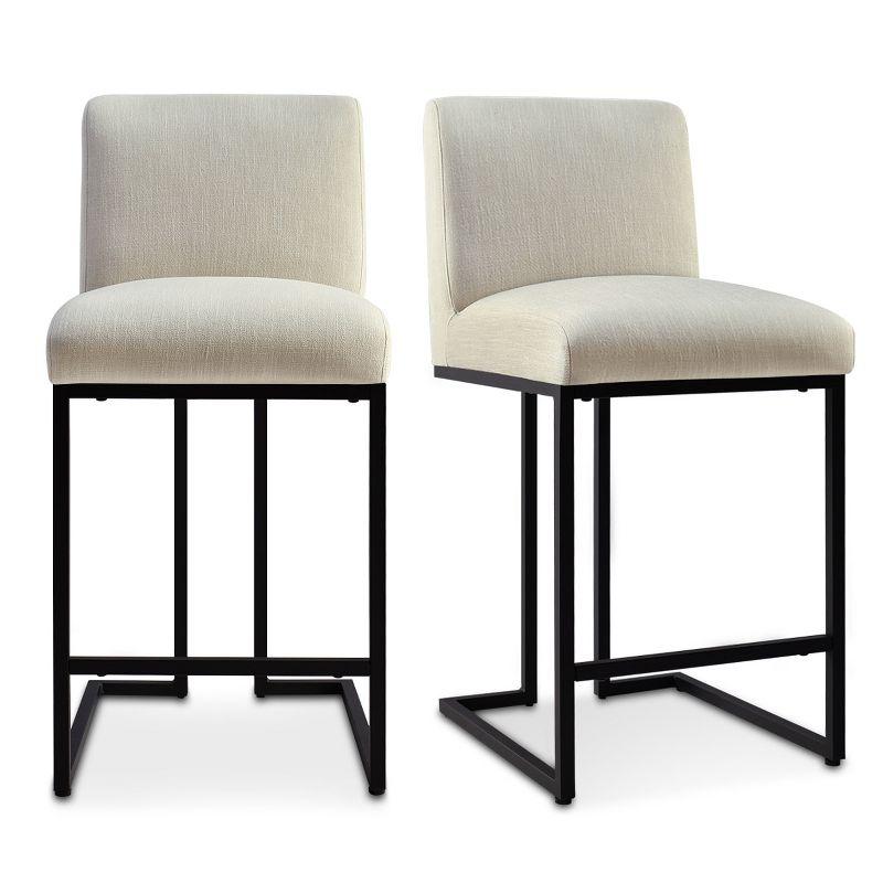 Set of 2 Upholstered Counter Height Bar Stools, 25" Armless Fabric Seat with Black Metal Sled Legs for Kitchen Island & Home Bar-Maison Boucle