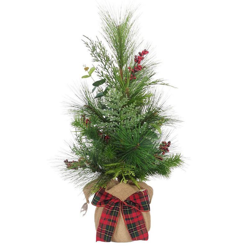 24" Green Potted Christmas Tree with Berries and Plaid Ribbon