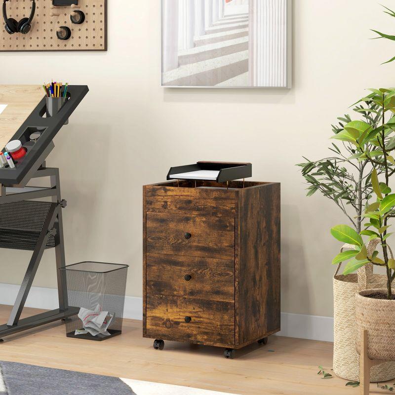 HOMCOM 3 Drawer Vertical File Cabinet, Mobile Filing Cabinet with Removable Tray, Under Desk Printer Stand with Storage for Home Office, Brown