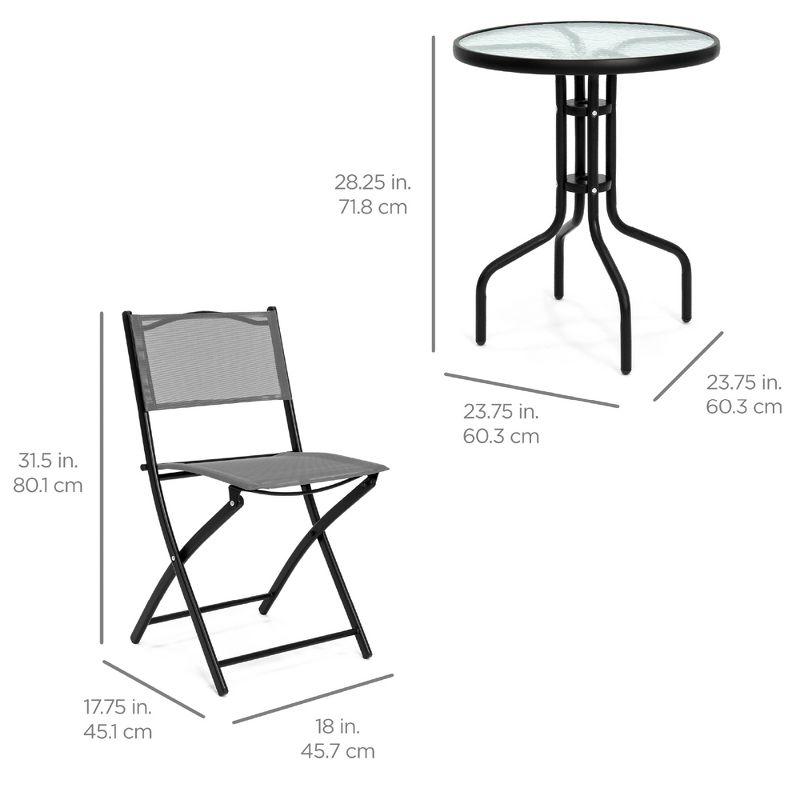 Gray 3-Piece Patio Bistro Set with Glass Tabletop and Folding Chairs