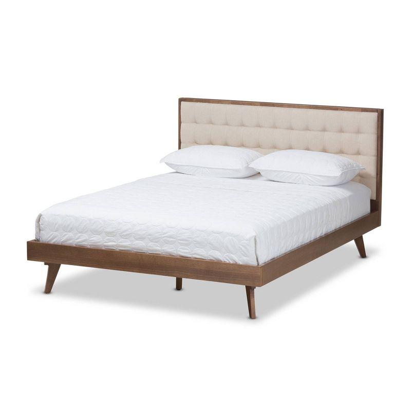 King Walnut Wood Frame Beige Linen Tufted Upholstered Bed