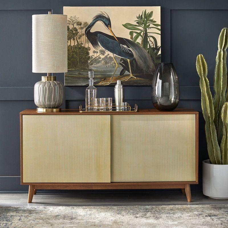 Flory Walnut and Gold Mid-Century Modern Sideboard with Sliding Doors