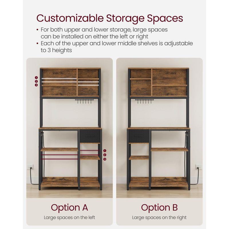VASAGLE Bakers Rack with Charging Station, Coffee Bar with Adjustable Storage Shelves, Kitchen Microwave Stand, Rustic Brown and Ink Black