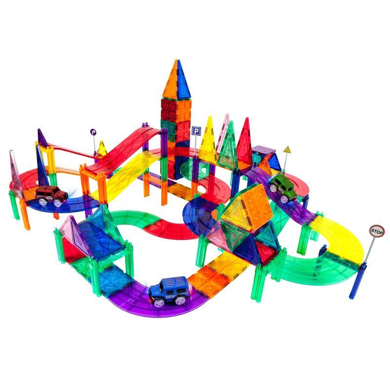 PICASSO-TILES Race Track Magnetic Tiles for Kids, 128PCS with 3 Racing Cars, Construction STEM Building Blocks Educational Toy