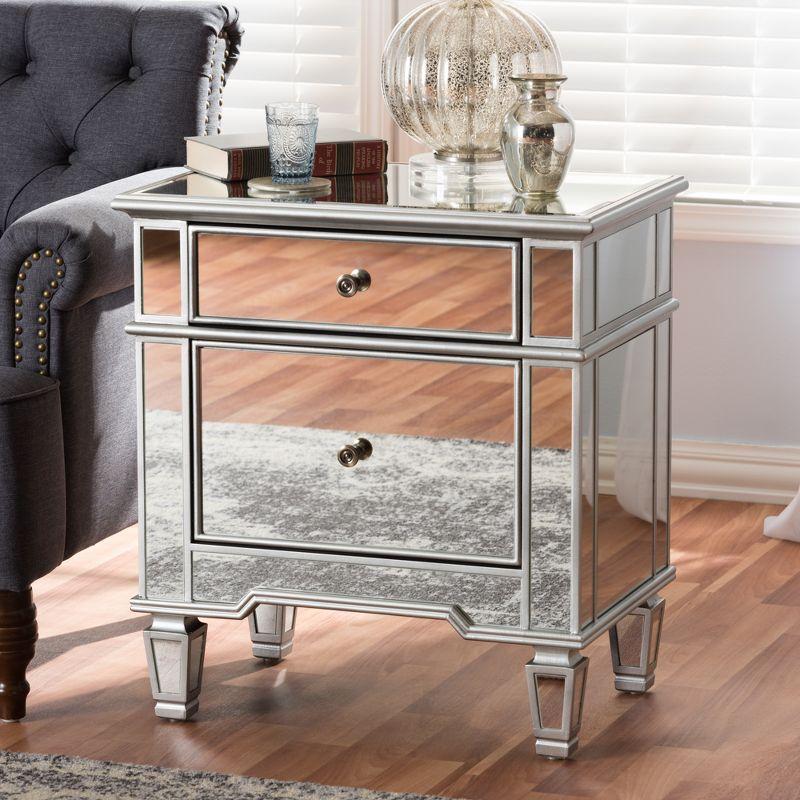 Sussie Hollywood Regency Glamour Style Mirrored 2 - Drawer Nightstand - Baxton Studio: Bronze Hardware, Beveled Top