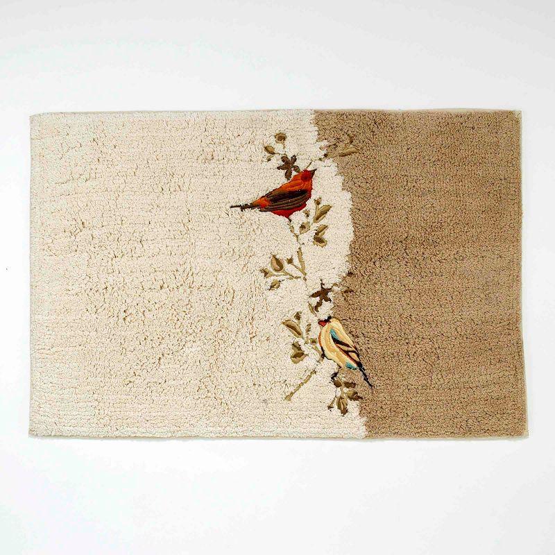 Ivory Beige Cotton Bath Rug with Embroidered Birds