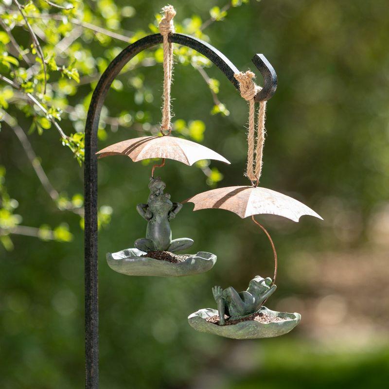 Whimsical Green Ceramic Frog Bird Feeders with Copper Umbrellas, Set of 2