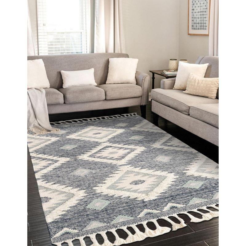 Dark Blue Geometric Wool 6x9 Area Rug with Fringe