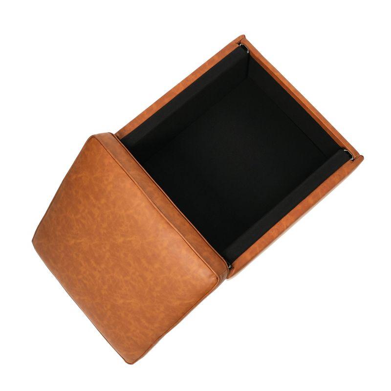 Storied Home Atley Storage Ottoman Brown: Vegan Leather, Mid-Century Design, Plywood Frame, 18" Height