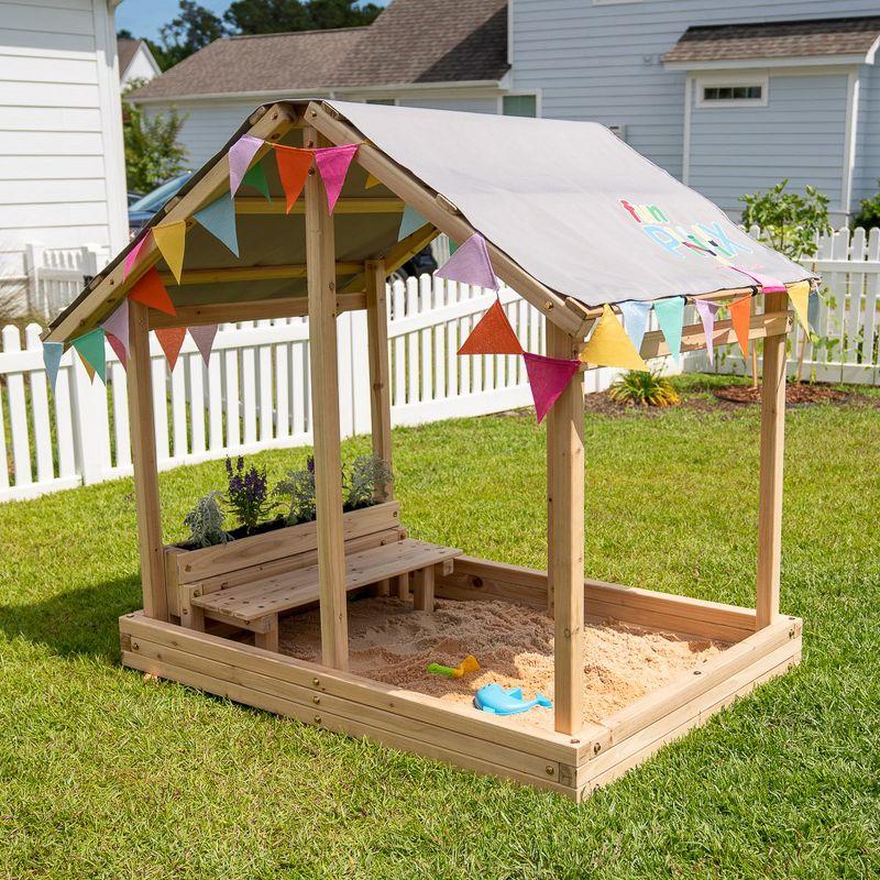 Funphix Dig n’ Play Wooden Sandbox Playhouse with Bench & Flower Planter, Outdoor Sand Pit for Kids