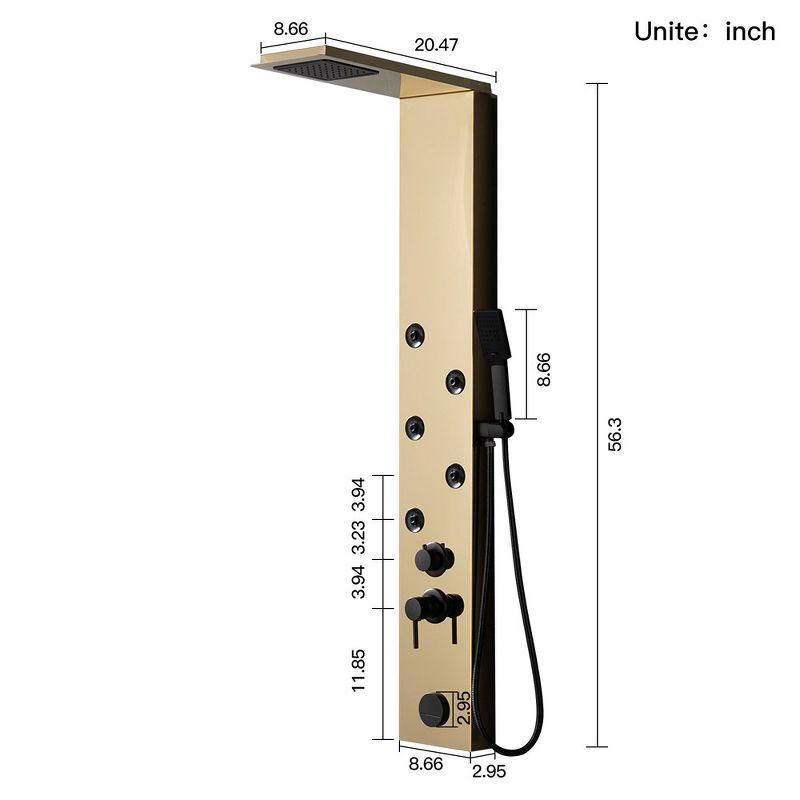 Gold Brushed 4-Jet Rainfall Shower Panel System with Handheld Wand