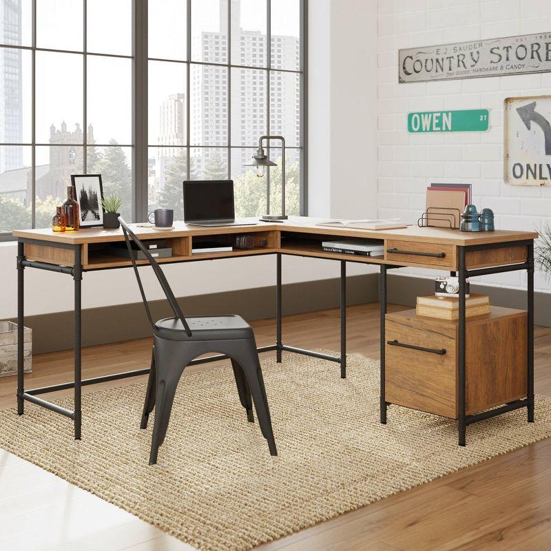 Sauder Iron City L Shaped Computer Desk Checked Oak: Industrial Style with Metal Frame & Hutch Storage