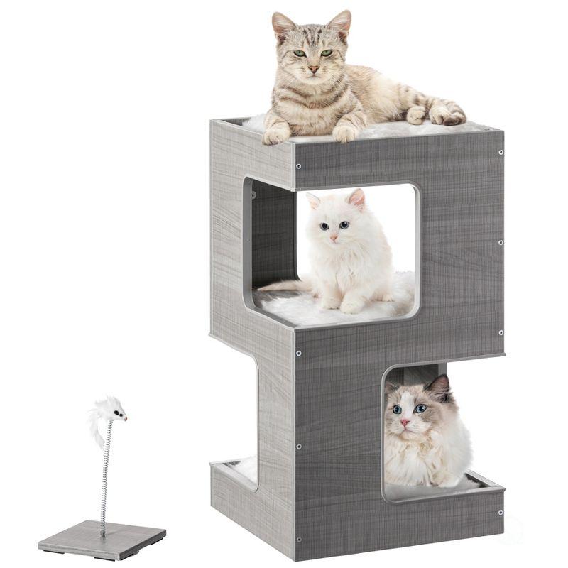 PawsMark Multi Level Modern Cat Tall Climbing Tree House for Indoor Cats | Wood Tower Luxury Furniture Stand with Removable Soft Blanket and Condo