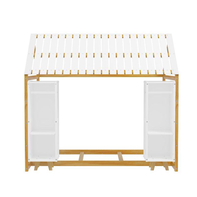 Twin Size House Bed Platform Bed Kids Floor Bed with Two Movable Wardrobes, Fence and Roof, Natural-ModernLuxe