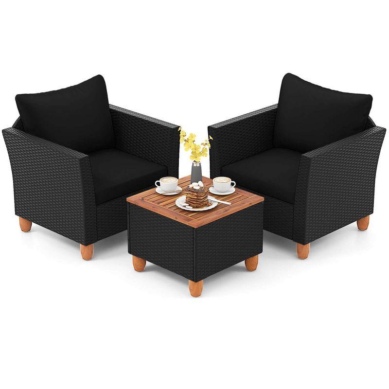 Costway 3PCS Outdoor Patio Rattan Furniture Set Wooden Table Top Cushioned Sofa Black