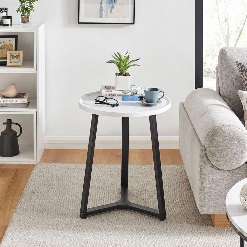 Harper Round White Marble and Black Metal Side Table