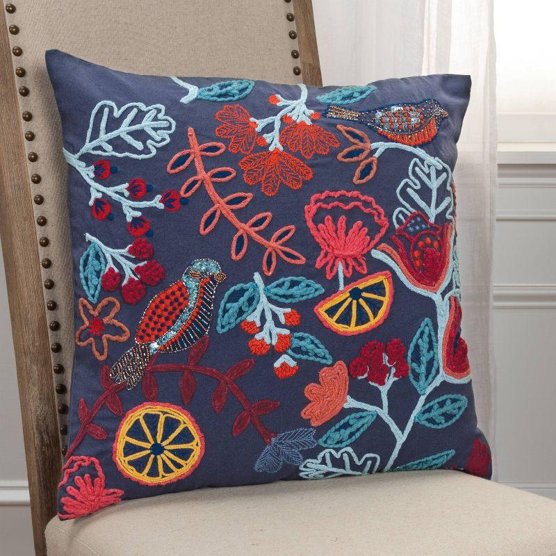 20"x20" Oversize Poly Filled Floral with Bird Square Throw Pillow Dark Blue - Rizzy Home