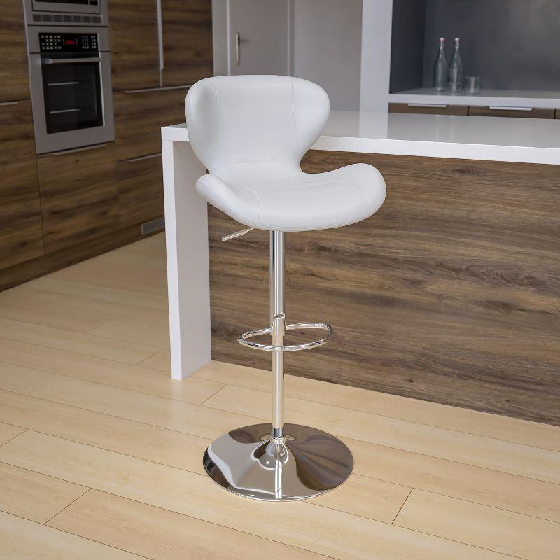 Curvaceous White Vinyl and Chrome Adjustable Saddle Barstool