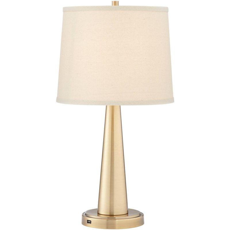 360 Lighting Modern Table Lamps 25" High Set of 2 with USB Charging Port Brass Metal Beige Drum Shade for Bedroom Living Room House Desk Bedside Home