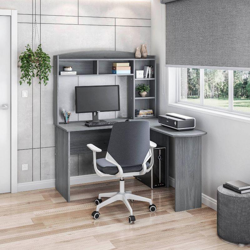 Modern Gray L-Shaped Desk with Hutch and Storage