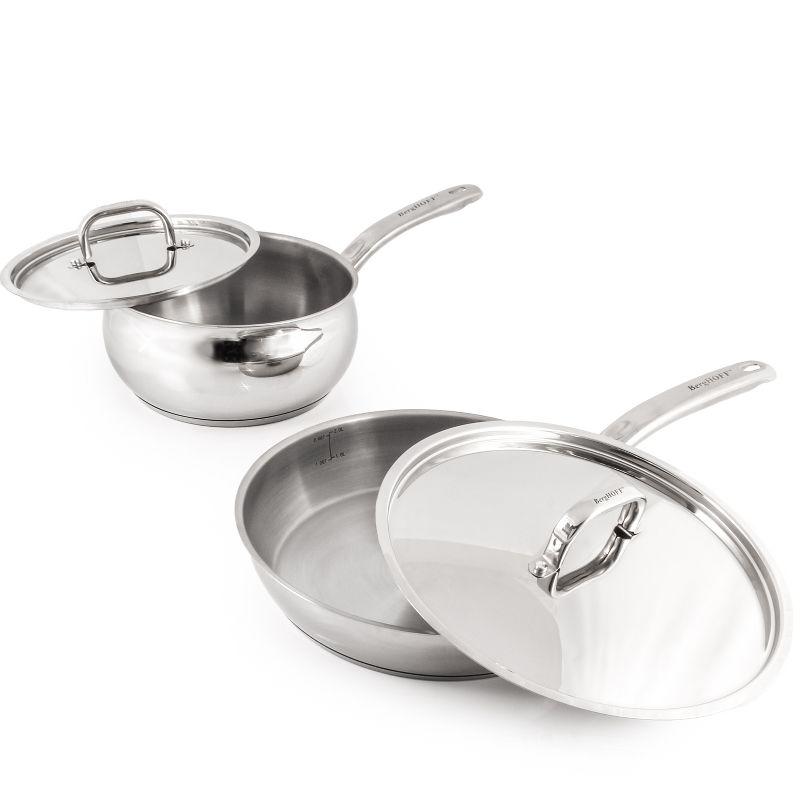 BergHOFF Belly Shape 3Pc 18/10 Stainless Steel Skillet and Sauce Pan Set with Metal Lids