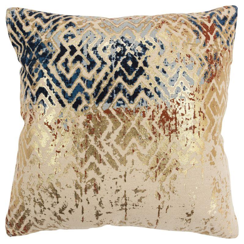 20" Vintage Gold and Blue Geometric Square Throw Pillow