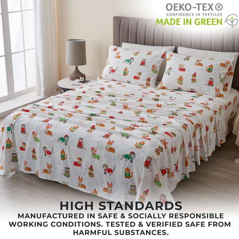 100% Cotton Christmas Flannel Sheets - Great Bay Home (Queen, Dog Cat Christmas)