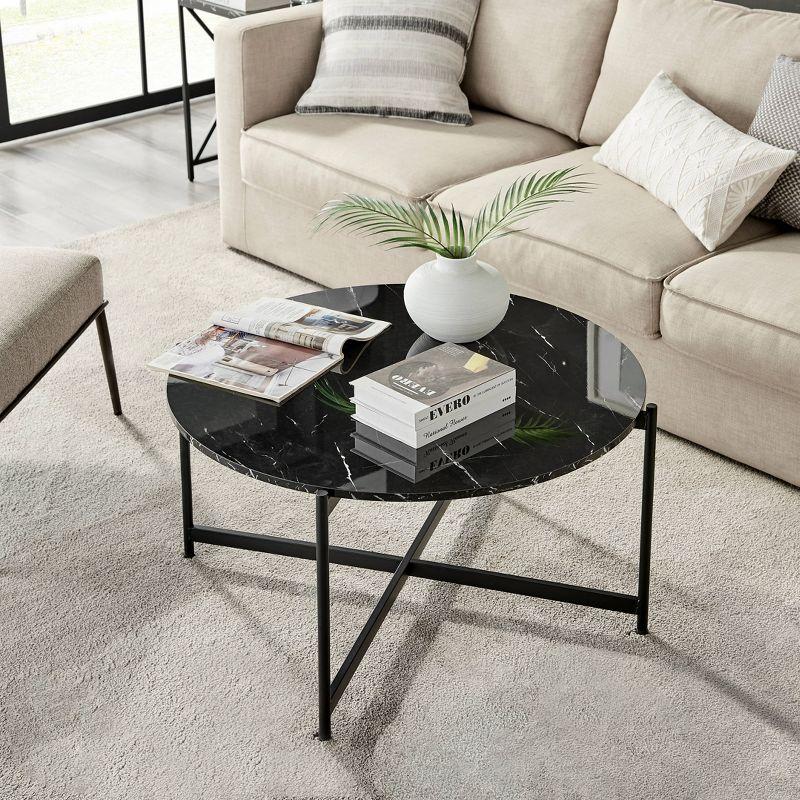 Elegant 36" Round Black Marble & Metal Coffee Table