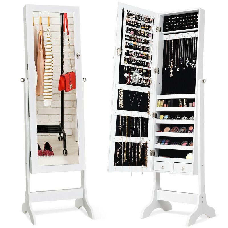 Costway Lockable Mirrored Jewelry Cabinet Armoire Organizer Storage with Stand & LED Lights White/Black/Brown