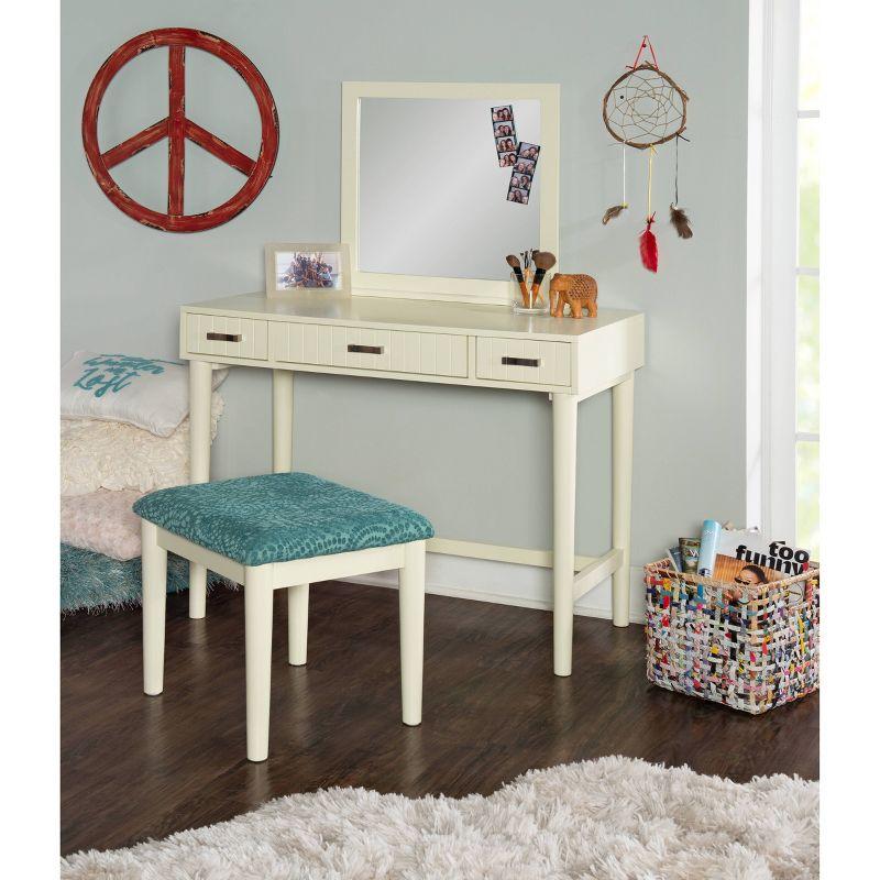 Cream Wood Vanity Set with Green Upholstered Stool and Mirror