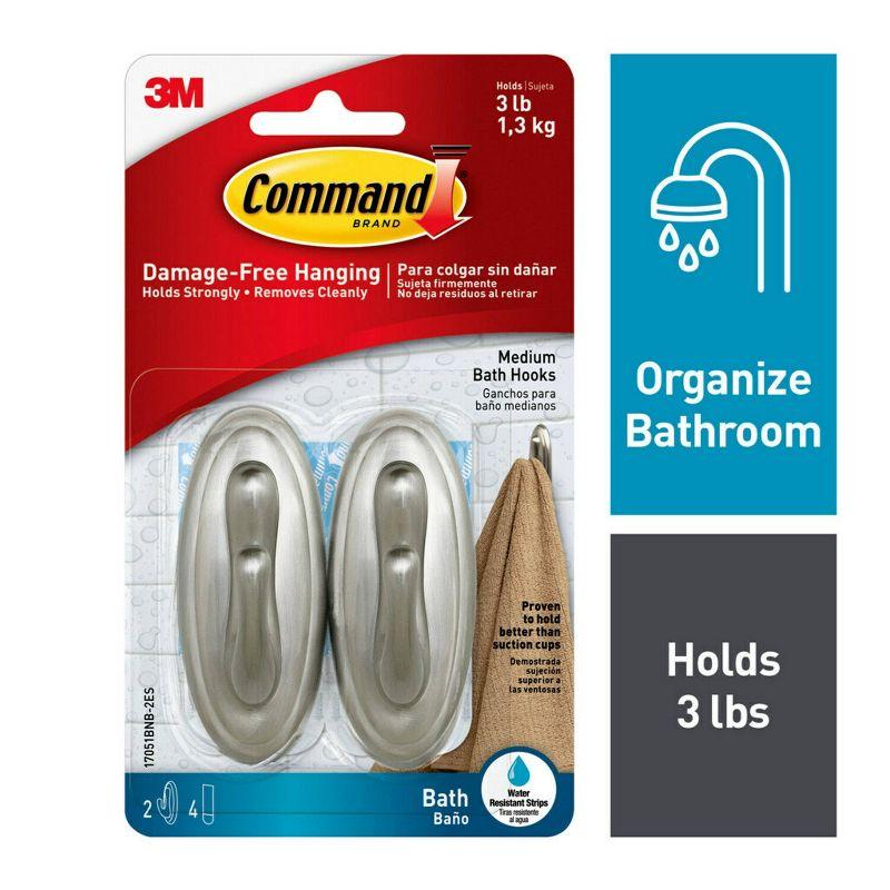 Command 2 Hooks 4 Strips Medium Sized Traditional Hooks with Water Resistant Strips Nickel: Bathroom Towel & Curtain Rod Hooks