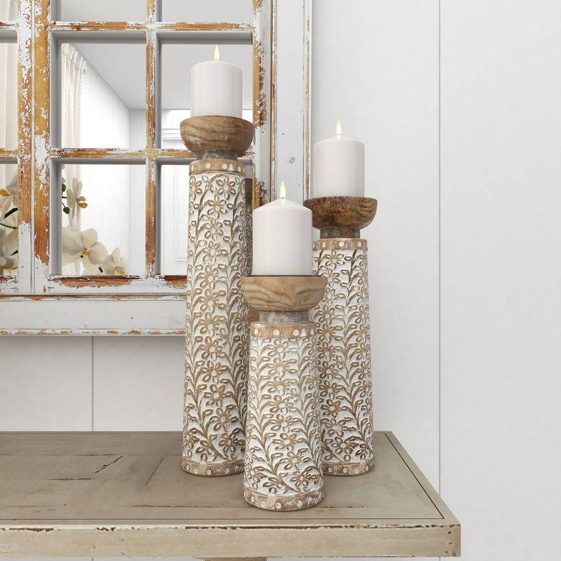 Set of 3 Rustic Cylindrical Mango Wood Candle Holders Off White - Olivia & May: Elegant Tabletop Decor
