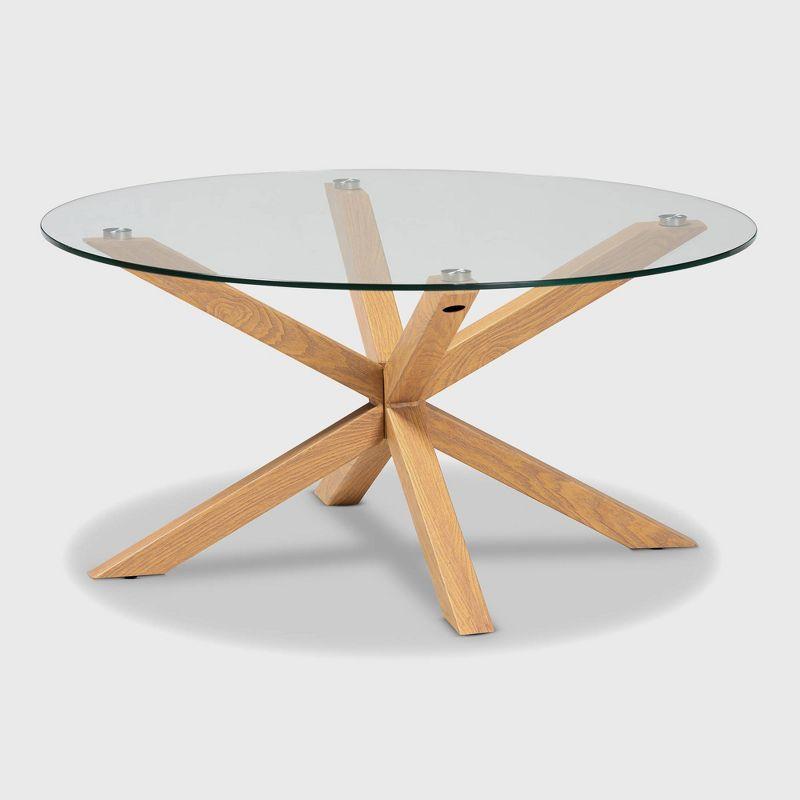 Lida Glass and Wood Finished Coffee Table Clear/Natural - Baxton Studio: Mid-Century Modern, 4 Point Leg Frame